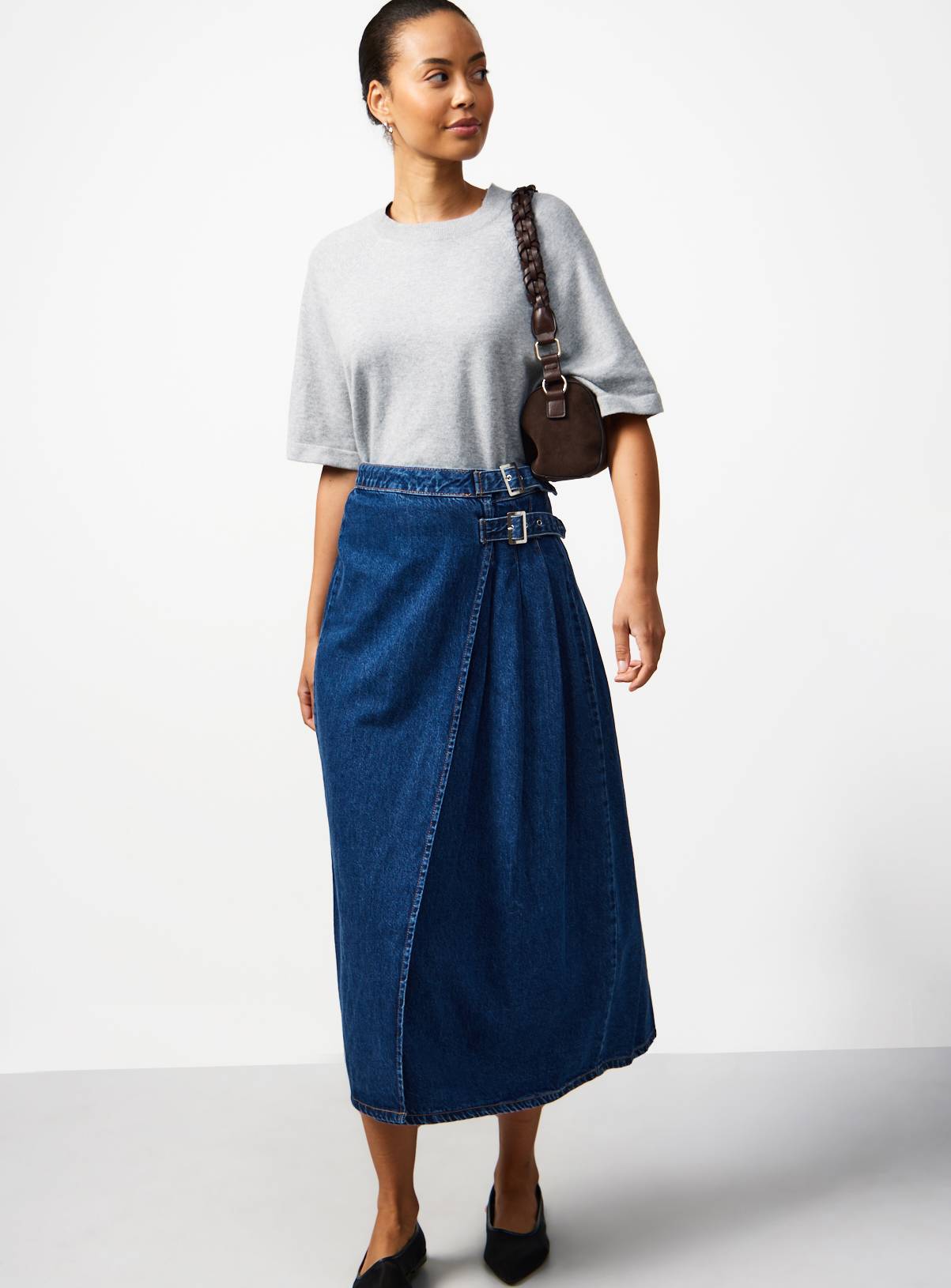 Dark Denim Pleated Tab Detail Midi Kilt Skirt 16 - Image 3